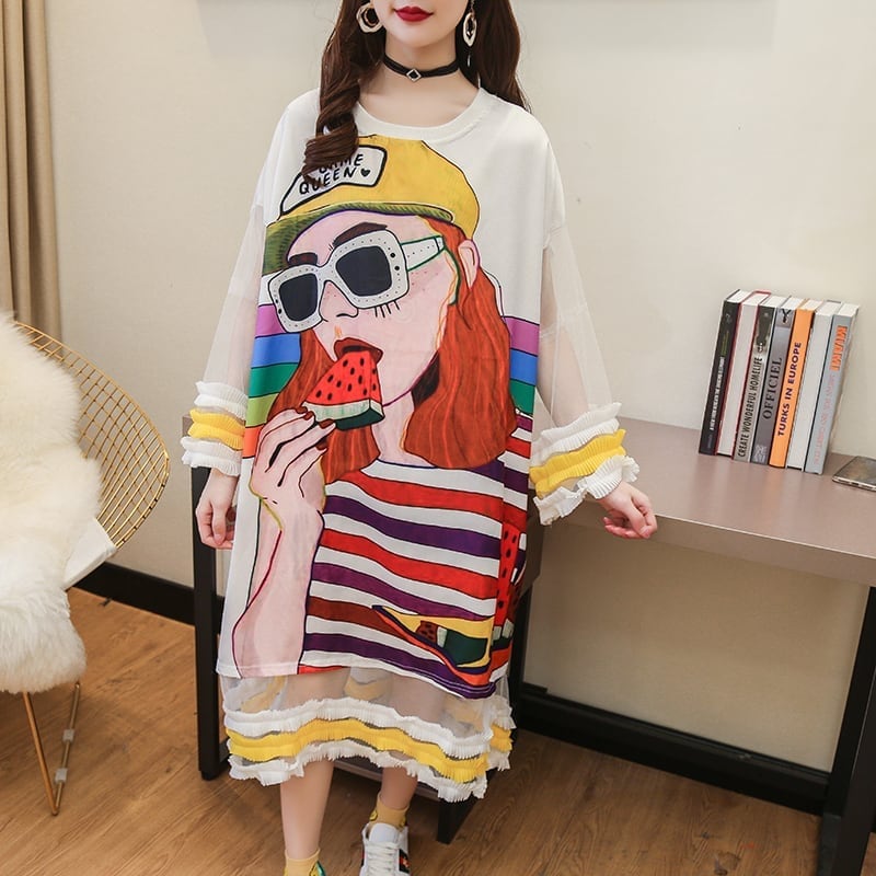 【ランキング上位】プリント お洒落 可愛い 着心地良い ロングTシャツワンピース <ins-887>