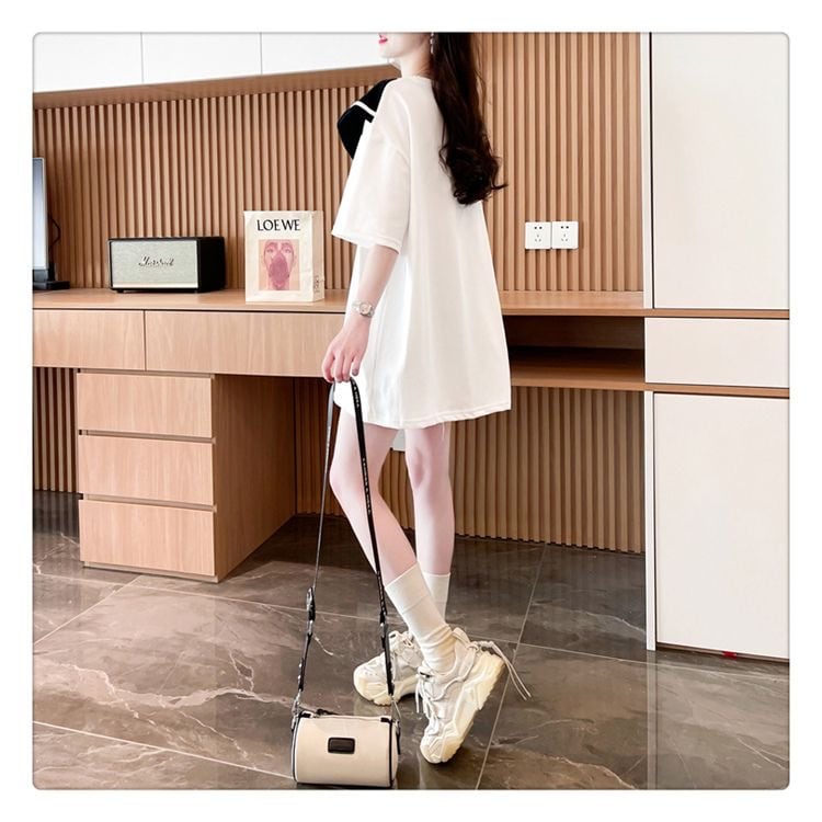 夏新作 キュート レイヤード風 プリントTシャツ 2色 ゆったり半袖<ins-8226>