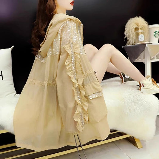 美人度アップ ファッション 透け感 日焼け対策  ピンク プリント スパンコール パーカー コート<ins-8058>