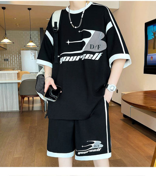 絶対流行 切り替え プリント 半袖Tシャツⅹパンツセット 全3色-A896