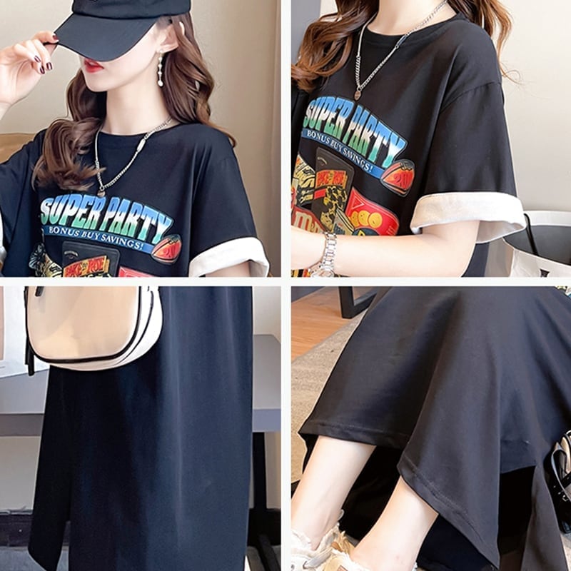 スタイリッシュ 一目惚れ プリント Tシャツ カットソー ワンピース<ins-3575>