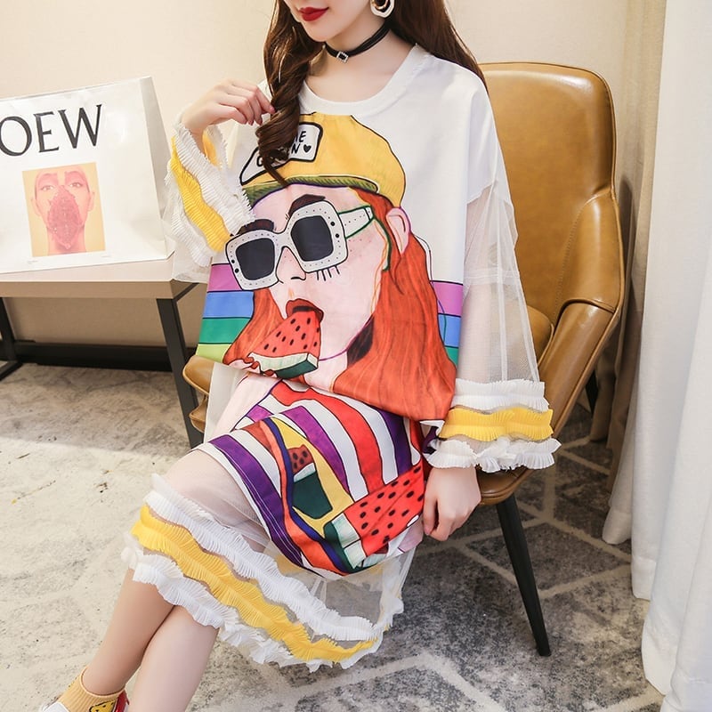 【ランキング上位】プリント お洒落 可愛い 着心地良い ロングTシャツワンピース <ins-887>