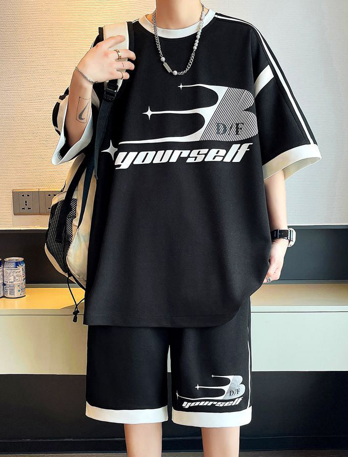 絶対流行 切り替え プリント 半袖Tシャツⅹパンツセット 全3色-A896
