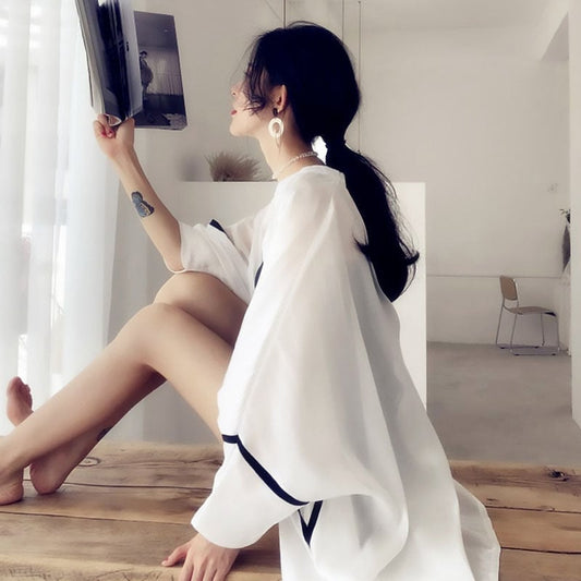 韓国系ゆったりUVカットロング丈薄手シャツ<ins-1714>