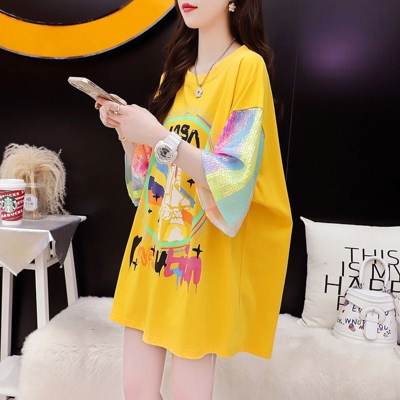 新作 切り替え プリント ピンク プリント スパンコール  全3色 半袖Tシャツ<ins-8165>