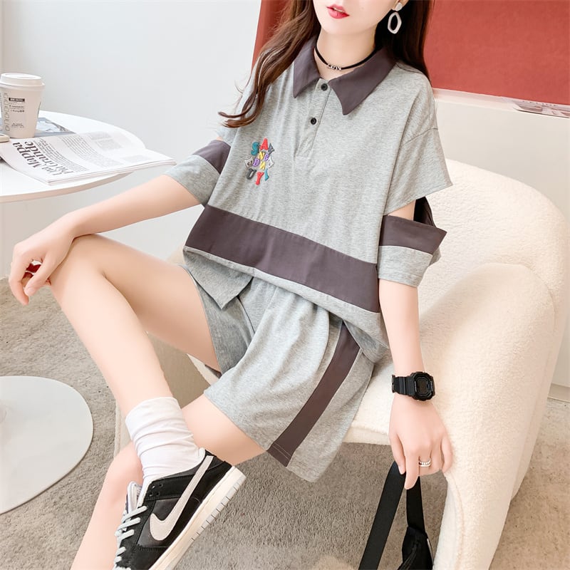 おすすめ カジュアル 切り替え 半袖Tシャツⅹパンツセット全2色 <ins-8281>