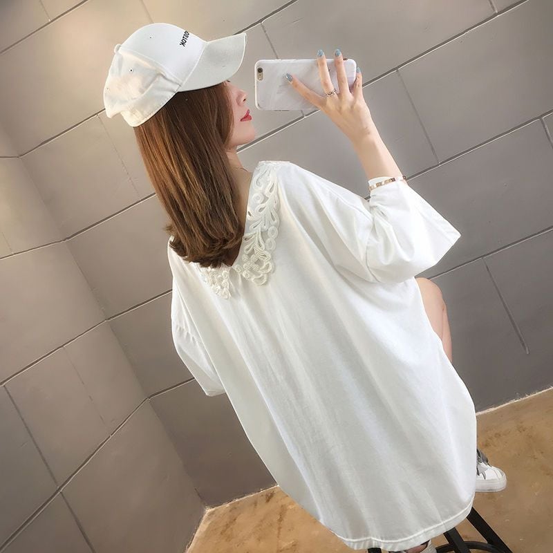 大人可愛い ゆったり ロング丈 切り替え 三色半袖Tシャツ<ins-8129>