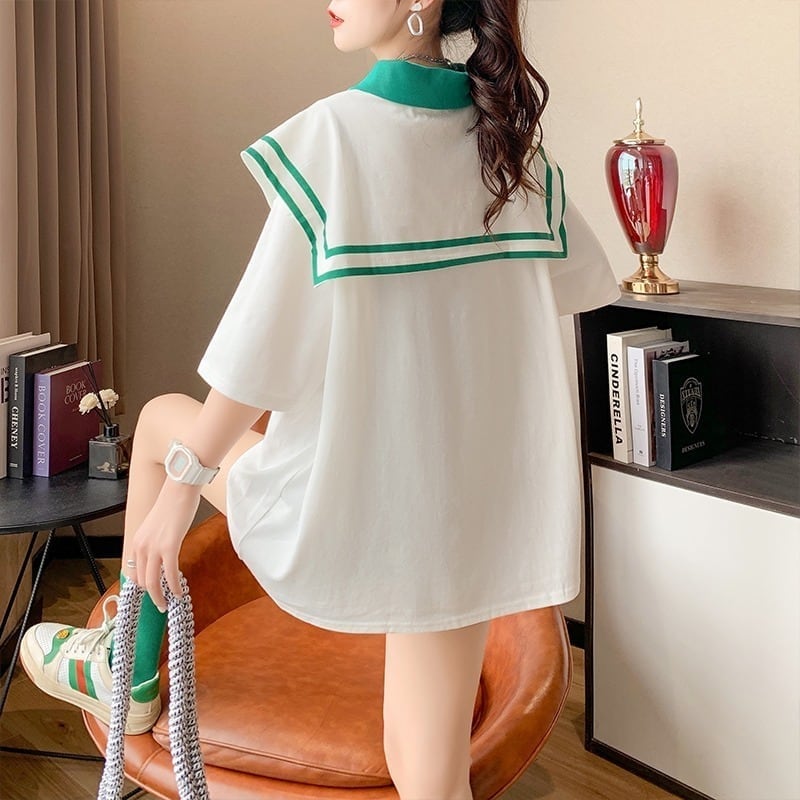 絶対欲しい セーラーカラー ロング Tシャツ 三色 ゆったりワンピース<ins-4028>