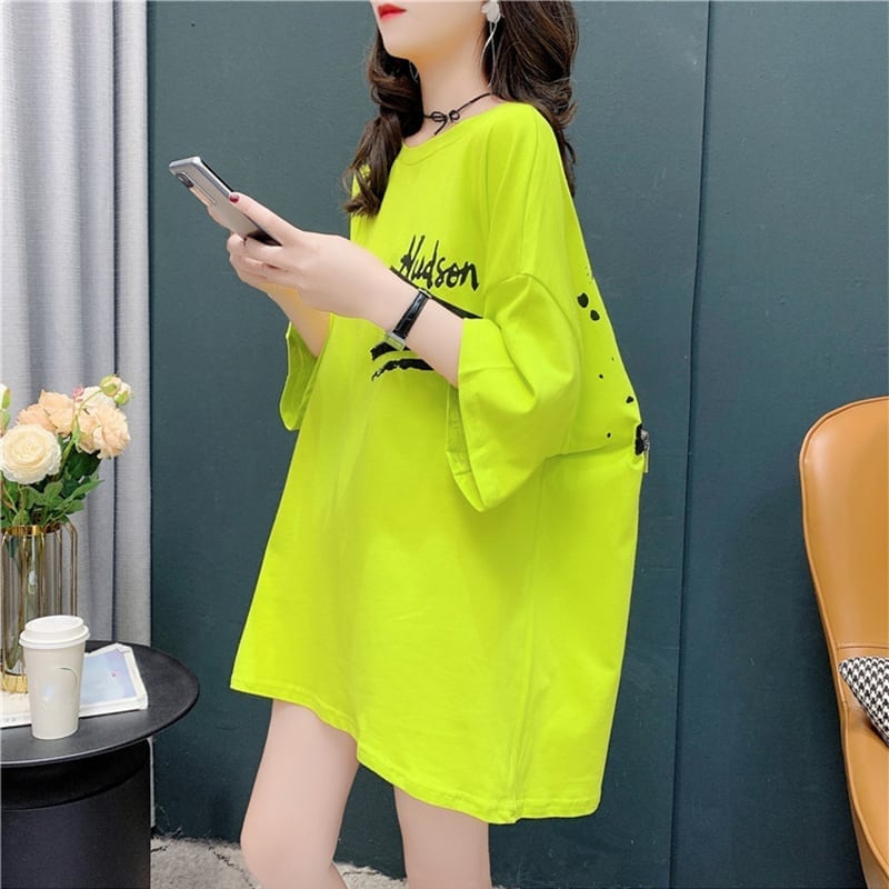 デザイン感 チャーミング 切り替え プリント Tシャツ カットソー<ins-3578>