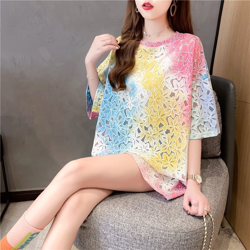 オシャレ度満点 スタイリッシュ ラウンドネック 透かし彫り Tシャツ カットソー<ins-2957>