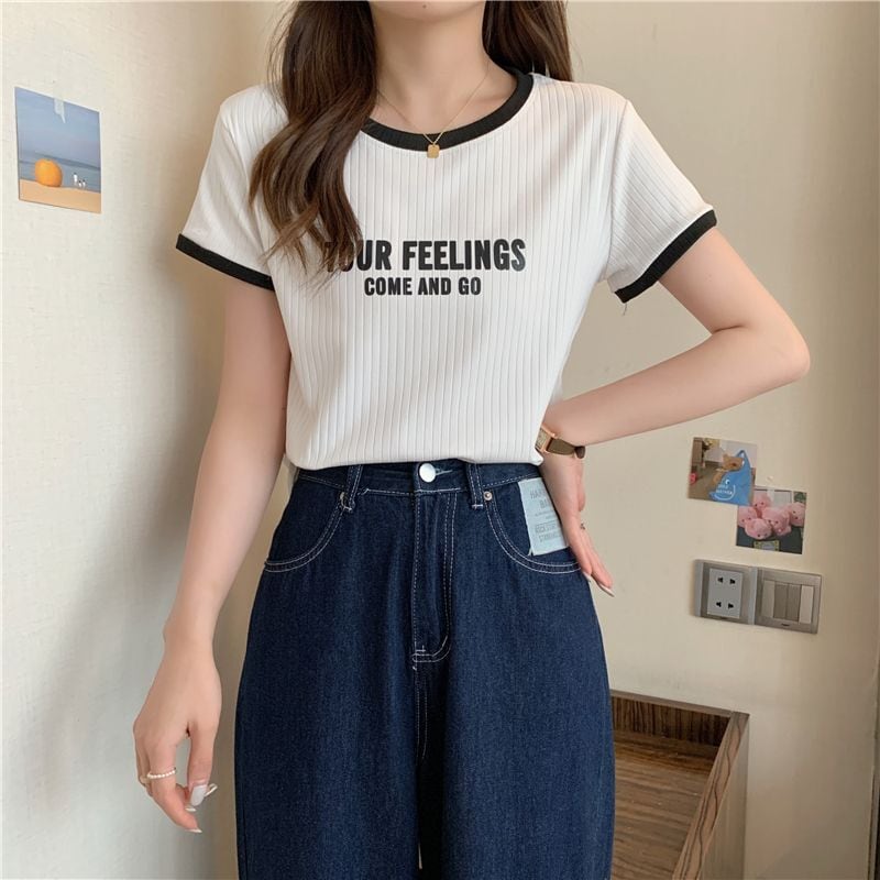 ゆったり感アップ ファッション アルファベット Tシャツ カットソー<ins-3077>