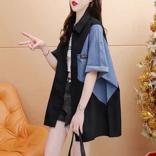 絶対流行 ファッション オシャレ度満点 切り替え 半袖 シャツ <ins-8076>