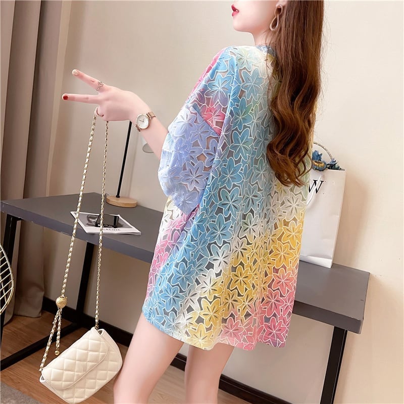 オシャレ度満点 スタイリッシュ ラウンドネック 透かし彫り Tシャツ カットソー<ins-2957>