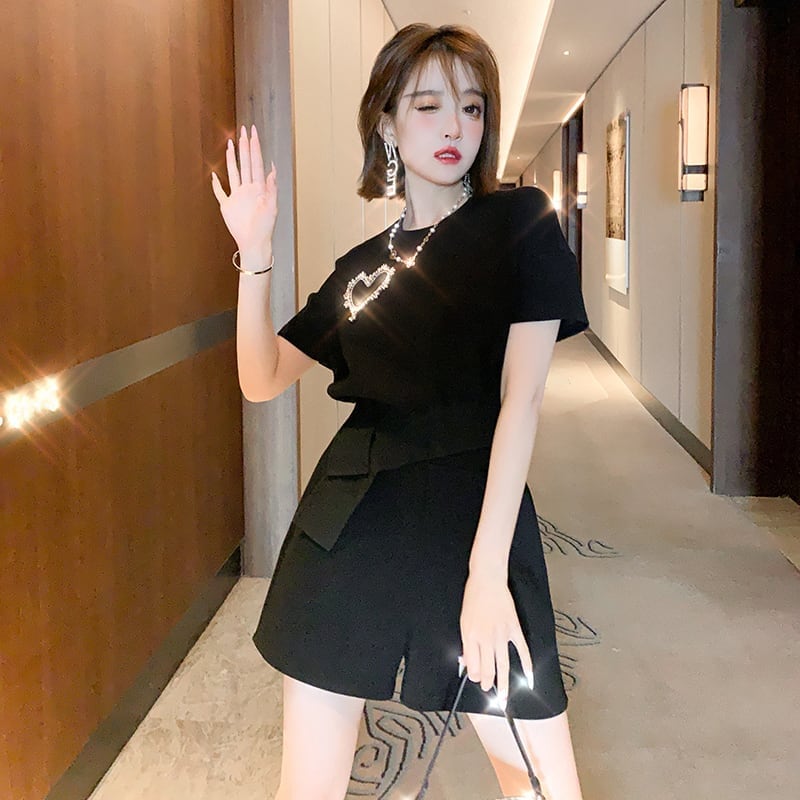 オシャレ度満点 一目惚れ 切り替え Tシャツ+ショートパンツ セットアップ<ins-3573>