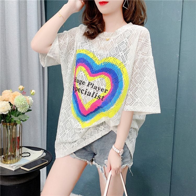 売り切れ必至 キュート ゆったり 透かし彫り半袖Tシャツ<ins-8134>