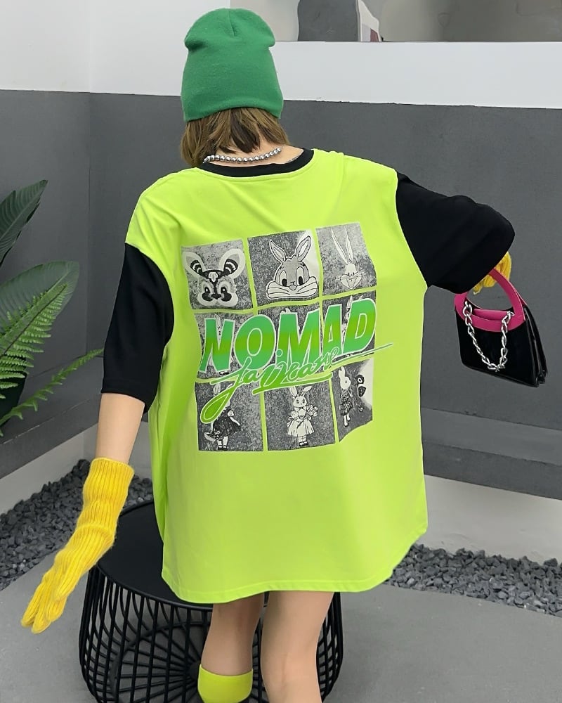 売り切れ必至 個性派 カジュアル プリント 切り替え 半袖Tシャツ<ins-8268>