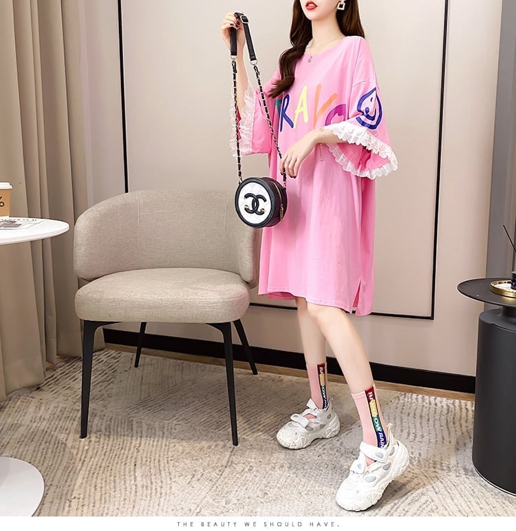 夏新作 オーバーサイズ アルファベット フリル プリントTシャツ 三色 ゆったり半袖<ins-3009>