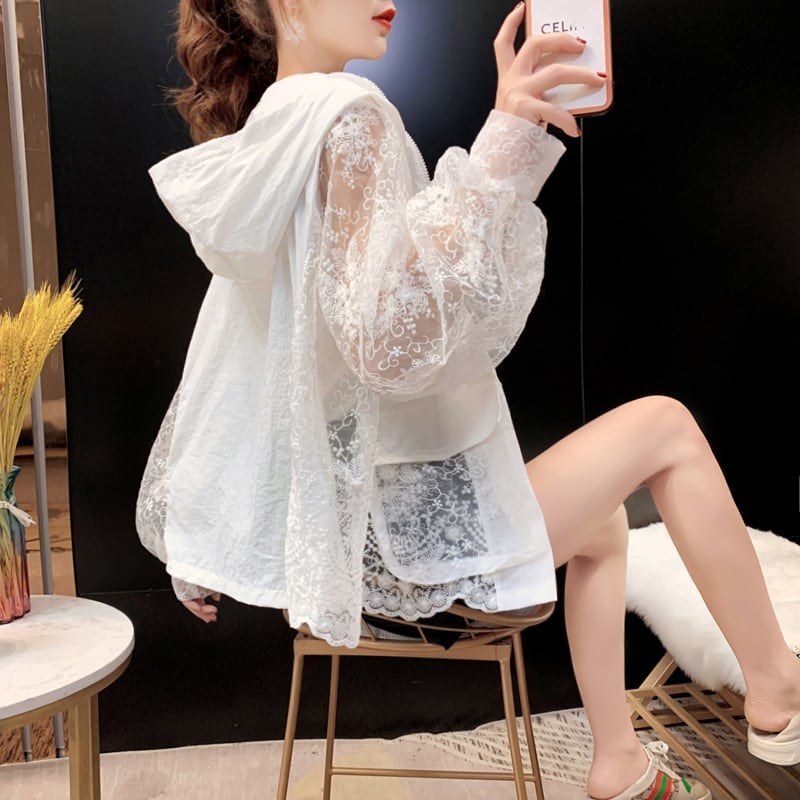 透け感 UVカット UV対策 長袖レース刺繍シャツ <ins-1716>