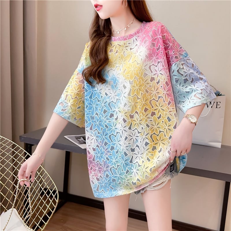 オシャレ度満点 スタイリッシュ ラウンドネック 透かし彫り Tシャツ カットソー<ins-2957>