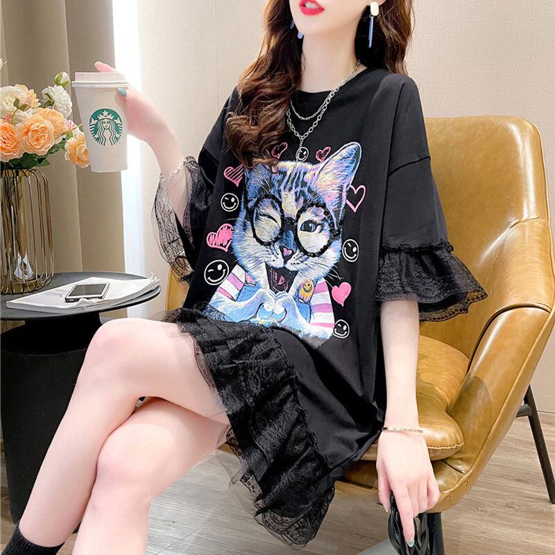 話題沸騰中 キュート ゆったり ロング丈 切り替え 2色半袖Tシャツ<ins-8133>