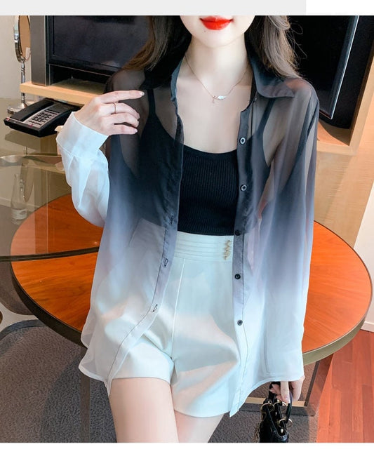 美人度アップ オシャレ度満点 ルーズ 透け感 日焼け対策 シャツ ブルゾン<ins-8048>
