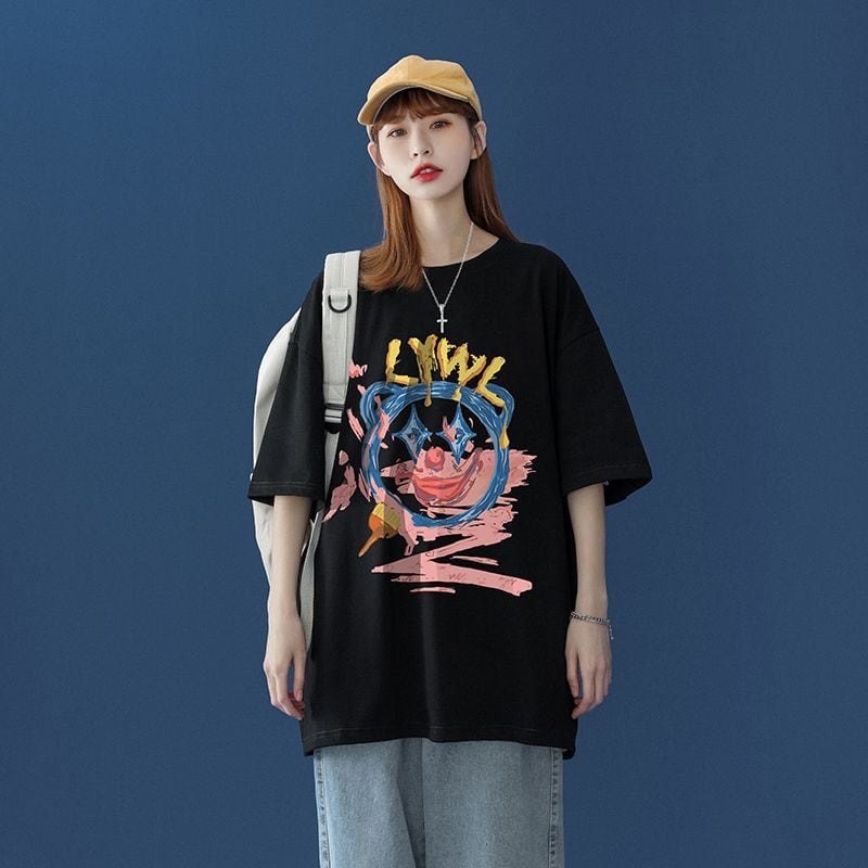 話題沸騰中 カジュアル  ゆったり プリント 2色半袖Tシャツ<ins-8159>