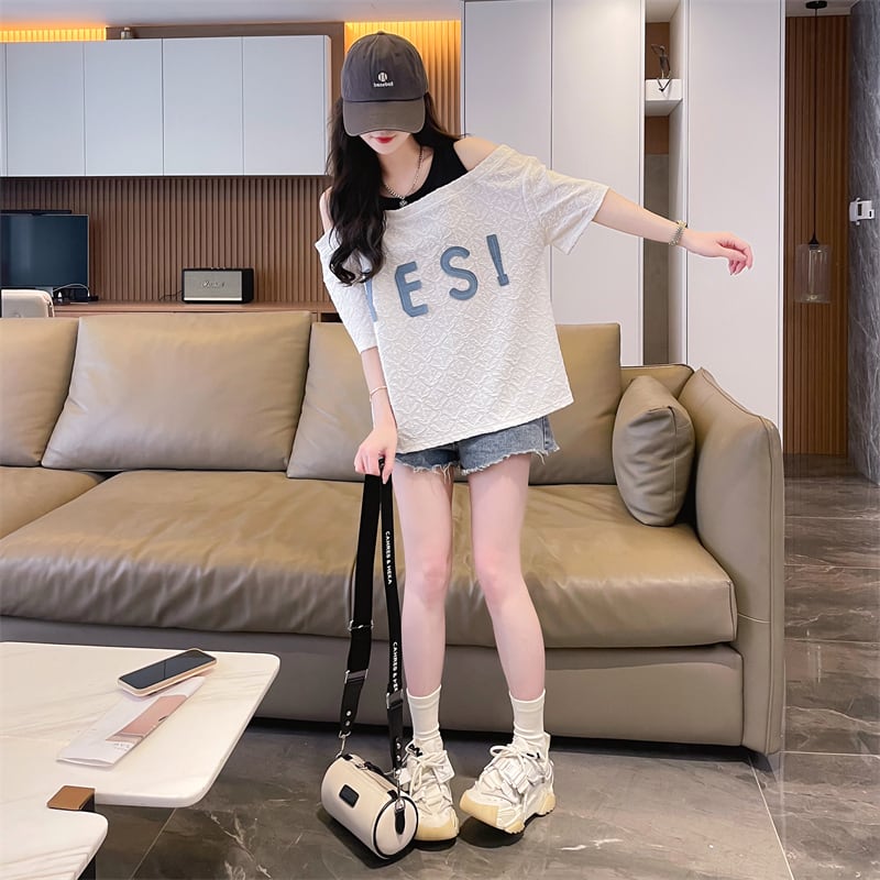 新商品 カジュアル ゆったり プリント オープンショルダー 2色 半袖Tシャツ<ins-8282>