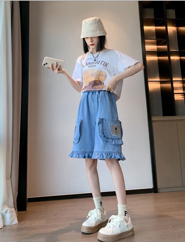 超人気 ゆったり感アップ オシャレ度満点 デニム 2色選択可 ハイウエスト パンツ ボトムス<ins-8298>