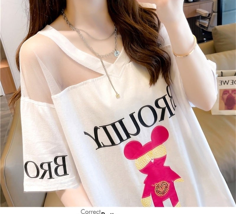 売り切れ必至 セクシー Vネック 切り替え チュール プリントTシャツ ゆったりワンピース <ins-3050>