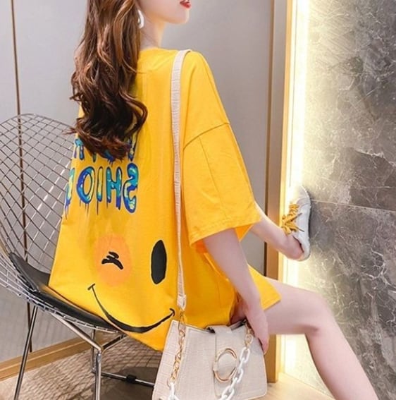 好感度UP カジュアル ゆったりロング丈 切り替え 三色 半袖Tシャツ<ins-8166>