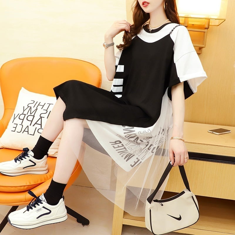 好感度UP 切り替え  レイヤード風 プリント Tシャツ ゆったりワンピース<ins-8105>