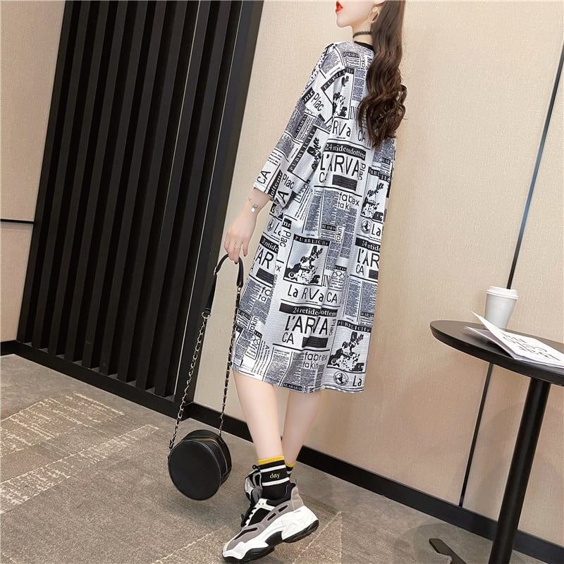 オシャレ度満点 一目惚れ プリント 切り替え ワンピース Tシャツ カットソー<ins-3122>