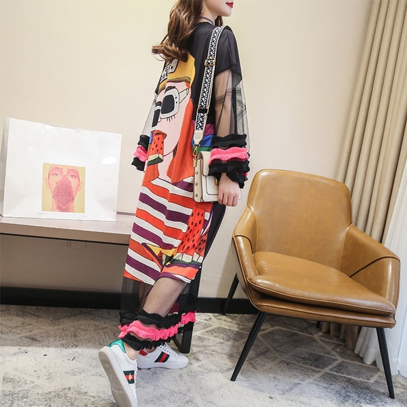 【ランキング上位】プリント お洒落 可愛い 着心地良い ロングTシャツワンピース <ins-887>