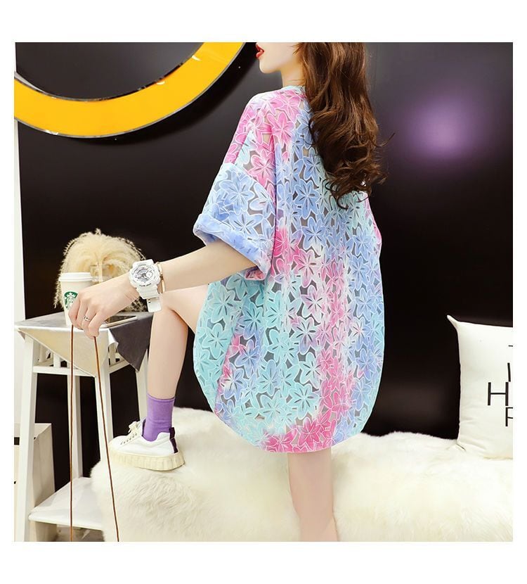 美人度アップ スウィート ゆったり 透かし彫り 半袖Tシャツ<ins-8140>