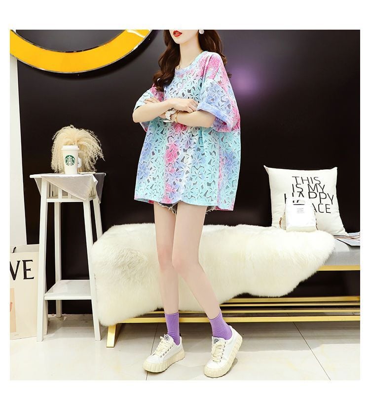 美人度アップ スウィート ゆったり 透かし彫り 半袖Tシャツ<ins-8140>