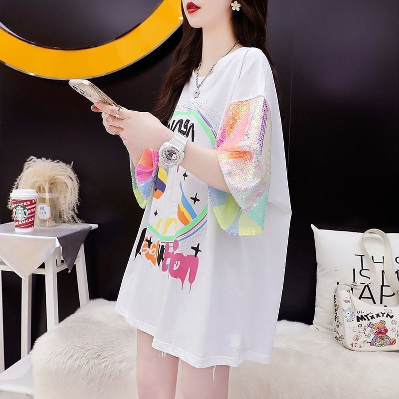 新作 切り替え プリント ピンク プリント スパンコール  全3色 半袖Tシャツ<ins-8165>