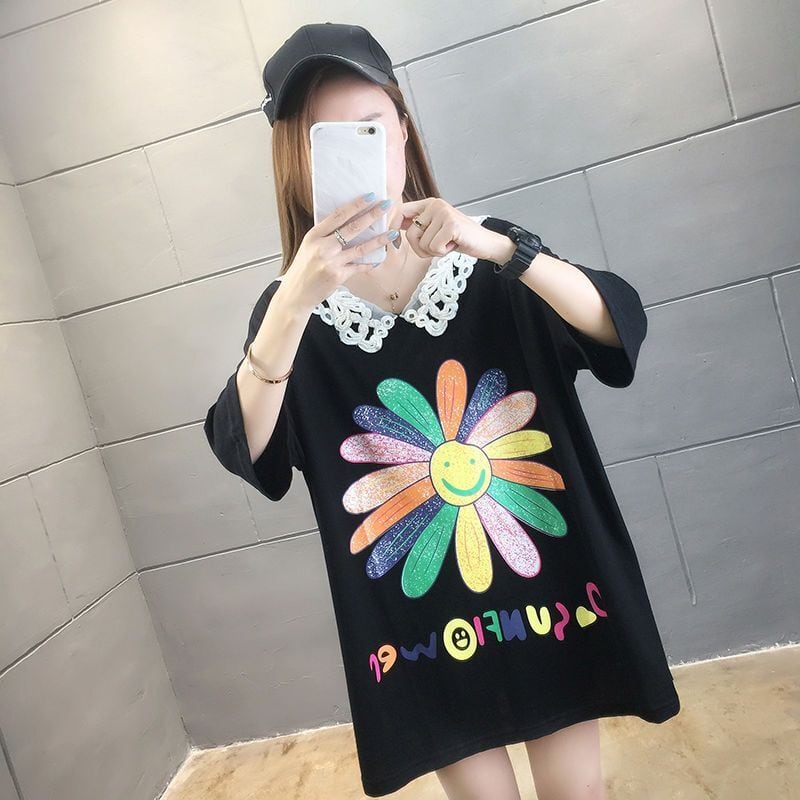 大人可愛い ゆったり ロング丈 切り替え 三色半袖Tシャツ<ins-8129>