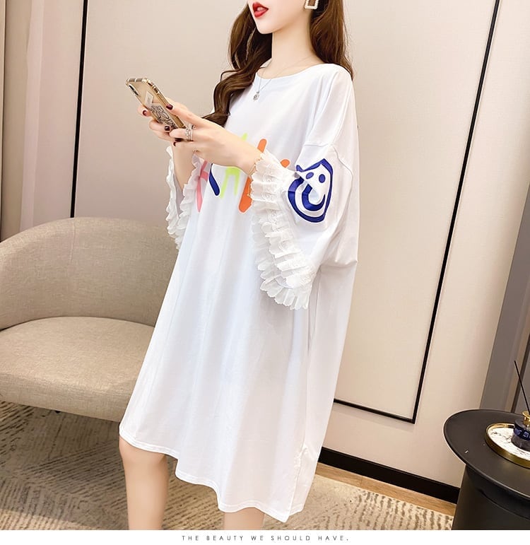 夏新作 オーバーサイズ アルファベット フリル プリントTシャツ 三色 ゆったり半袖<ins-3009>