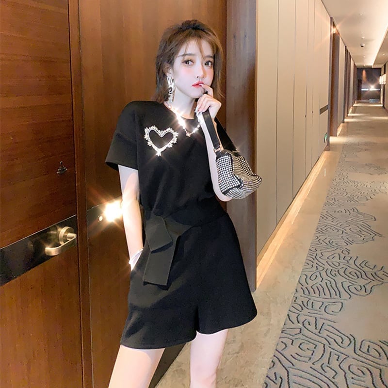 オシャレ度満点 一目惚れ 切り替え Tシャツ+ショートパンツ セットアップ<ins-3573>