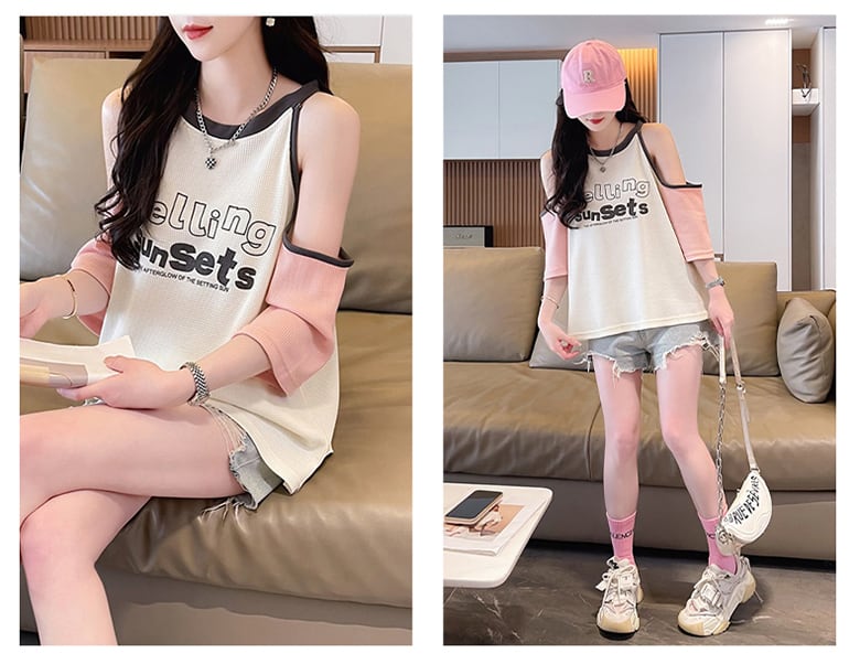 話題沸騰中 ロゴ プリント 肩だし 肌見せ 肩開き ゆったり 3色半袖Tシャツ<ins-8212>