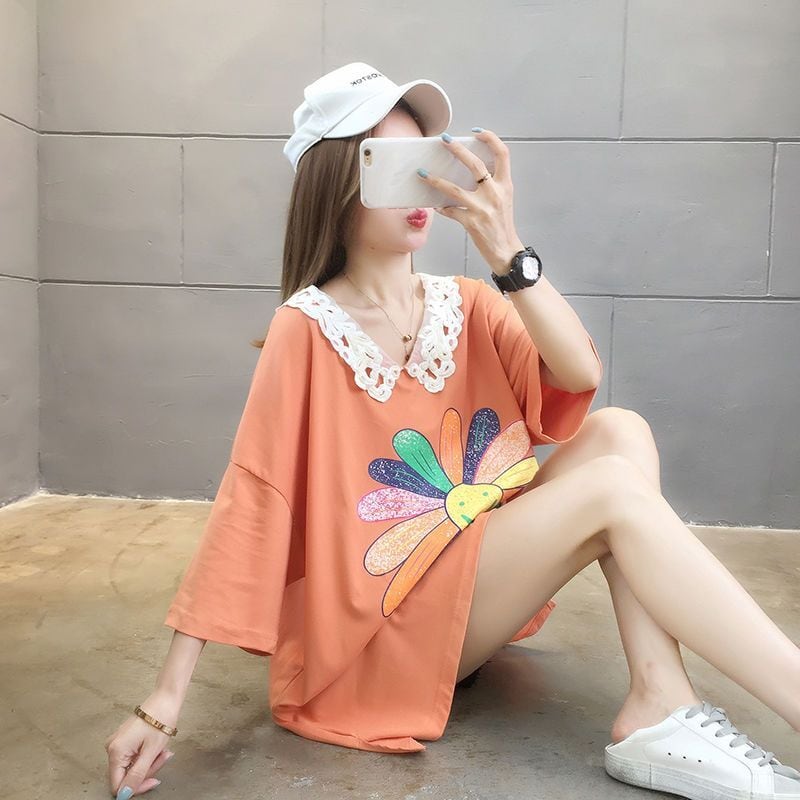 大人可愛い ゆったり ロング丈 切り替え 三色半袖Tシャツ<ins-8129>