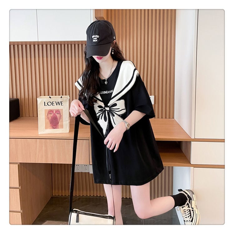 夏新作 キュート レイヤード風 プリントTシャツ 2色 ゆったり半袖<ins-8226>