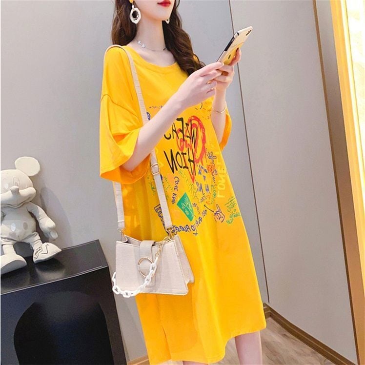 好感度UP カジュアル ゆったりロング丈 切り替え 三色 半袖Tシャツ<ins-8166>