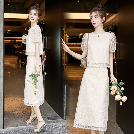 絶対欲しい上品  知的 レース 透かし彫り 半袖Tシャツⅹロングスカートセット<ins-8217>