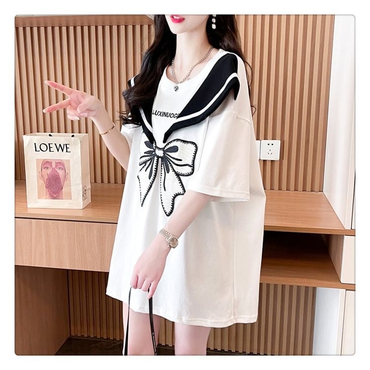 夏新作 キュート レイヤード風 プリントTシャツ 2色 ゆったり半袖<ins-8226>