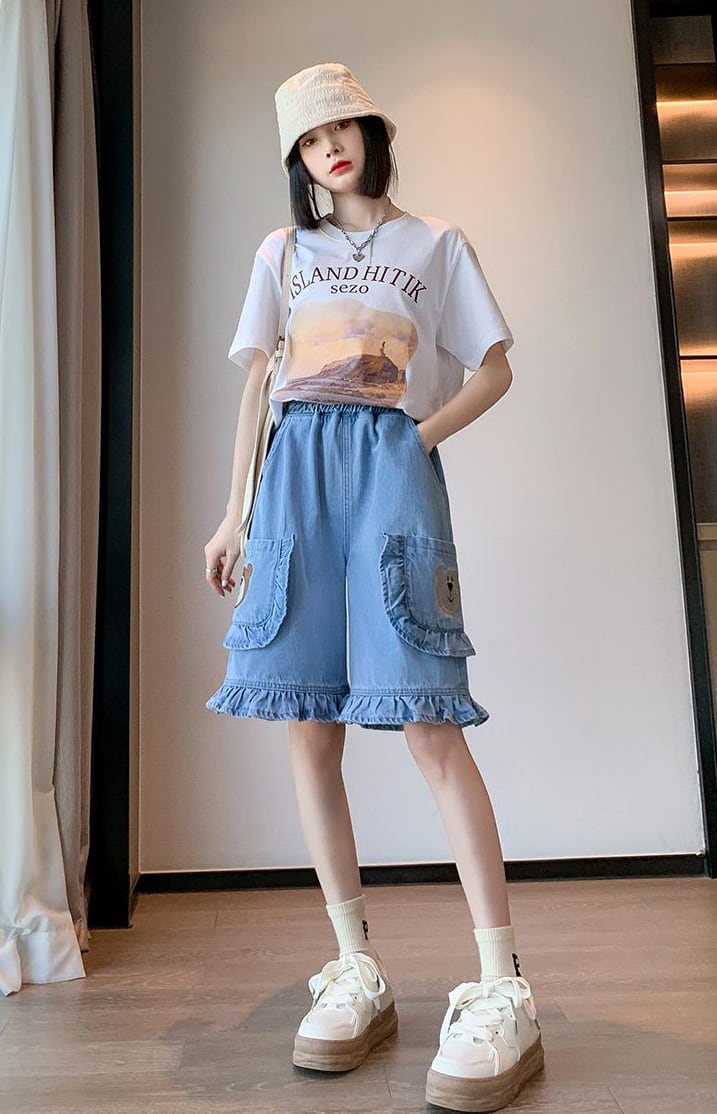超人気 ゆったり感アップ オシャレ度満点 デニム 2色選択可 ハイウエスト パンツ ボトムス<ins-8298>