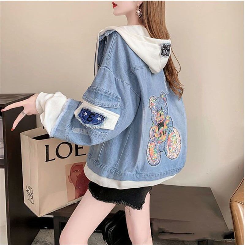 大活躍レイヤード風ダメージ加工デニムジャケット全2色パーカーE-4706