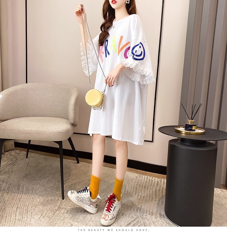 夏新作 オーバーサイズ アルファベット フリル プリントTシャツ 三色 ゆったり半袖<ins-3009>