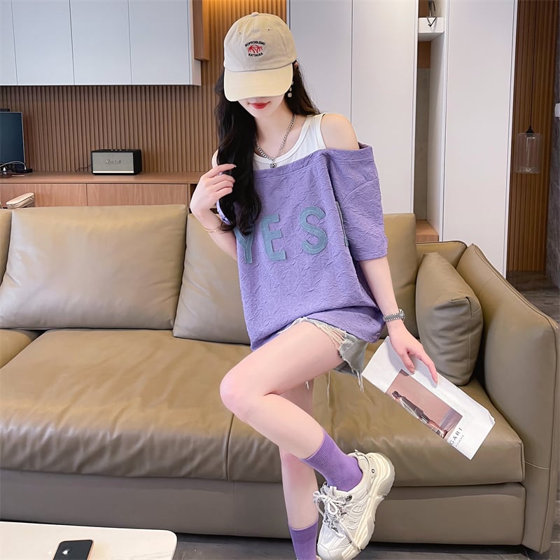 新商品 カジュアル ゆったり プリント オープンショルダー 2色 半袖Tシャツ<ins-8282>