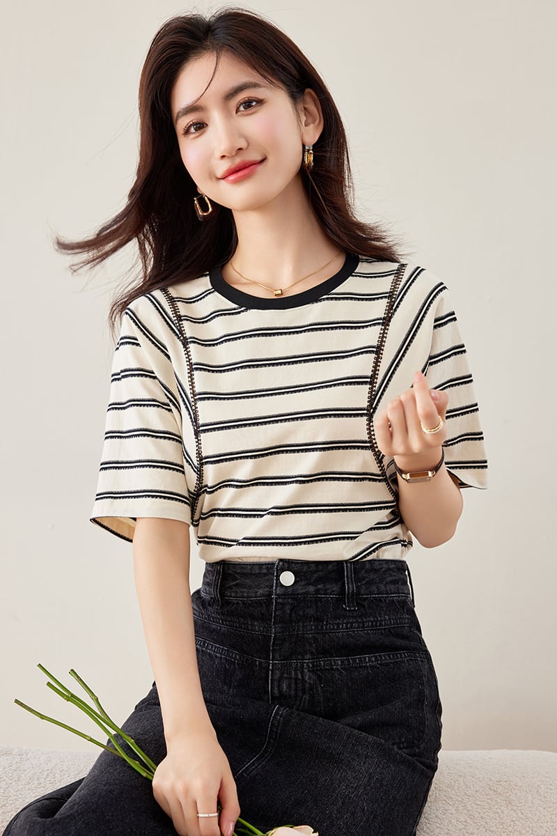 好感度UP カジュアル ファッション エレガント ストライプ柄 Tシャツ<ins-8327>